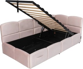 Sofa rozkładana 90x200 cm z pojemnikiem na pościel i stelażem, port USB - różowy aksamit (bez materaca)