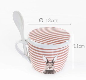 Kubek z pokrywką i z łyżeczką FLUFFY, porcelanowy, zajączek, 600 ml