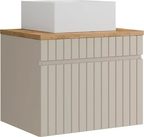 Wisząca szafka łazienkowa prążkowana beżowa z umywalką nablatową kwadratową – 60 cm – SATARA