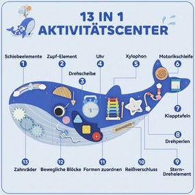 AIYAPLAY Montessori deska motoryczna 13-w-1 drewniana tablica aktywności w kształcie wieloryba montowana na ścianie z ksylofonem i zegarem oraz zębatkami | Aosom PL