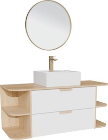 Wisząca szafka łazienkowa z wnękami, nablatową umywalką kwadratową, baterią i lustrem – Biały i jasny naturalny – szer. 120 cm – AVORELI