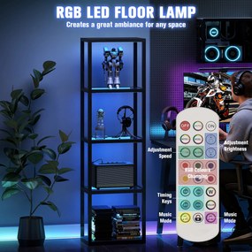 HOMCOM RGB lampa stojąca z szklanymi półkami, 4-poziomowa lampa LED z pilotem, synchronizacja muzyki, czarna