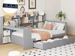 Rozkładana kanapa z litego drewna 90×200 cm - z biurkiem - z 2 szufladami - z gniazdkiem elektrycznym - szary (materac nie jest dołączony)