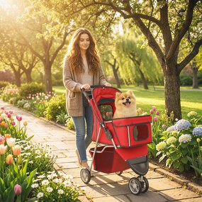 PawHut Wózek dla psa składany, buggy z koszem, poduszką, oknami z siatki, uchwytem na napój dla małych psów do 10 kg, czerwony | Aosom PL