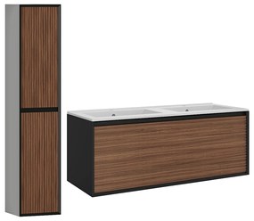 Szafka łazienkowa wisząca ryflowana z umywalką wpuszczaną w blat i słupkiem - Naturalny ciemny i czarny - 120 cm - BANIVA