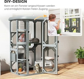 PawHut Wybieg dla kota na zewnątrz z wejściem drewniany domek dla kota z 4 platformami wodoodporny dach Oxford 2-3 koty do 8 kg | Aosom PL