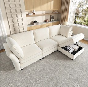 Modułowa narożna sofa w kształcie litery L z pufem ze schowkiem i poduszkami – Chenille – 225 x 137 x 84 cm – 4/5-osobowa – beżowa
