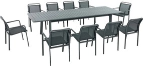 Zestaw mebli ogrodowych z aluminium: stół rozkładany dł.205/286.5 cm i 10 krzeseł z podłokietnikami do sztaplowania - Ciemnoszary - VELYRA od MYLIA