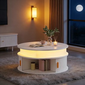 Stolik kawowy z podnoszonym blatem, lakierowany na wysoki połysk, 75 x 75 x 52 cm, z diodami LED + 2 drzwiami rolowanymi + schowek, płyta MDF, biały