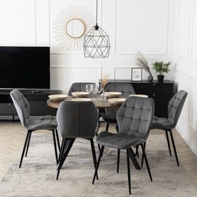 Zestaw Stół Okrągły Rozkładany DORIAN 80-160 cm Dąb Rustykalny/Czarny i 6 Krzeseł Tapicerowanych do Jadalni LUCKY Szare Welurowe