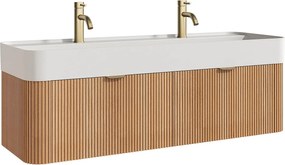 Wisząca szafka łazienkowa z prążkowanego drewna jesionowego z podwójną umywalką podblatową do zabudowy i baterią - Jasny naturalny - 120 cm - BULMAS