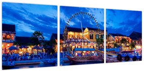 Obraz nocnego miasta Hoi An w Wietnamie (z zegarem) (90x30 cm)