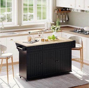 Wyspa kuchenna ze składanym blatem, 6 blokowanymi kółkami i 2 szufladami – czarna