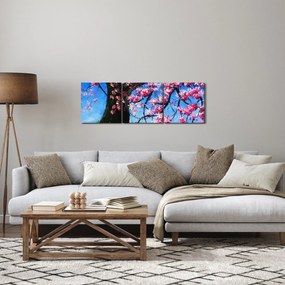 Obraz malowanego kwiatu wiśni (z zegarem) (90x30 cm)