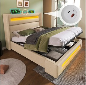 Łóżko tapicerowane podwójne ze schowkiem - 140 x 200 cm - z diodami LED + ładowanie USB Type-C - len - beż