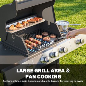 Outsunny Grill gazowy 10,5 kW 3+1 palniki BBQ wózek stal nierdzewna z bocznym palnikiem, otwieraczem do butelek i termometrem | Aosom PL