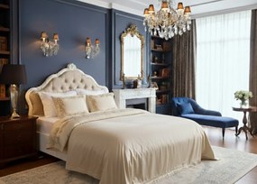 Bogato zdobione łóżko ecru 140x200 cm, zagłówek tapicerowany, pikowany kryształkami. Piękne eleganckie łóżko glamour do stylowej sypialni.