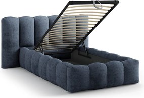 Ciemnoniebieskie tapicerowane łóżko jednoosobowe ze schowkiem i stelażem 90x200 cm Lupine – Micadoni