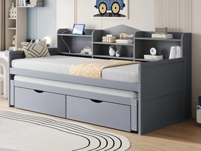 Łóżko banquette 90x200cm z drewna - z łóżkiem wysuwanym 90x190cm i 2 szufladami - z gniazdem USB - Szary