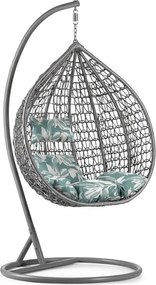 Szary wiszący fotel KOKON ze stojakiem, zielono-biała poduszka