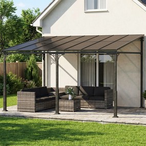 Outsunny Pergola ścienna 4 x 3 m Zadaszenie tarasowe z nachylonym dachem poliwęglanowym, metalowo-aluminiowa rama, montaż naścienny | Aosom PL