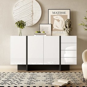 Komoda z 2 drzwiami i 3 szufladami - 150 x 40 x 80,5 cm - Płyta MDF i płyta wiórowa - Biały połysk