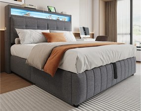 Lniane łóżko tapicerowane ze schowkiem - 160x200 cm - z diodą LED + gniazdem USB + podstawą z listew - Szare