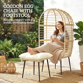 Outsunny Fotel ogrodowy z podnóżkiem, PE-rattan, w kształcie jajka, fotel koszowy z grubymi poduszkami, metalowa rama, beżowy | Aosom PL