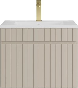 Wisząca szafka łazienkowa prążkowana beżowa z umywalką podblatową do zabudowy i baterią – 60 cm – SATARA