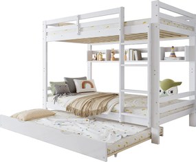 Łóżko piętrowe 90x200cm - z łóżkiem wysuwanym - z półkami i drabiną - Drewno lite + MDF - Biały (bez materaca)