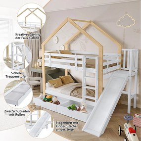 Łóżko piętrowe z pojemnikiem - 2 x 90 x 200 cm - drabinka, zjeżdżalnia i stelaż z listew - naturalny i biały