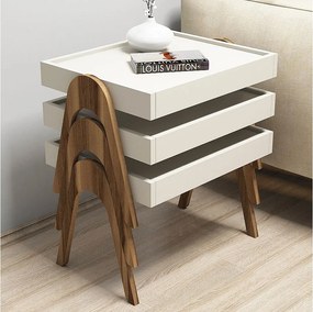 Zestaw 3 sztuk stolików bocznych YANA do układania w stos z naturalnego drewna i kremowej bieli, nowoczesny design, 53,6x40x41 cm