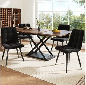 Rozkładany zestaw stołowy z 2 drzwiami + 4 krzesła z czarnego aksamitu - 120/160 x 80 x 75 cm - drewno MDF i skrzyżowane nogi metalowe - Brązowy