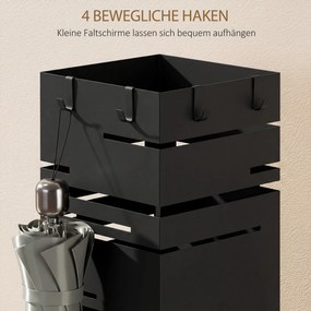 HOMCOM Stojak na parasole z metalu z wyjmowaną tacką ociekową i 4 haczykami 15,5 x 15,5 x 49 cm, Czarny | Aosom PL