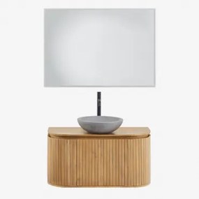 Zestaw Wiszących Mebli Łazienkowych 90x40 Cm Z Drewna Mango Analis Drewno Mango & Okrągły Szary Cement Ø40 Cm Tarsis & Prostokątna Lampa Led I Przeciw