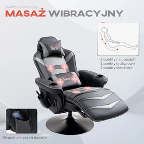 HOMCOM Fotel do gier z funkcją masażu, regulowane oparcie, podnóżek, do 120 kg, konstrukcja stalowa, Skóra Ekologiczna, Szary