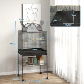 PawHut Mobilna klatka dla kanarków i falistych, z dolną półką, metalowa siatka, Czarna