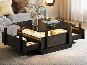 Kwadratowy błyszczący stolik kawowy 70x70x35 cm - z 2 szufladami - oświetlenie LED i półka akrylowa - płyta wiórowa - czarny