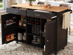 Mobilna wyspa kuchenna z 2 drzwiami i 2 szufladami - 102x45x92 cm - Drewno MDF - Czarny i naturalny