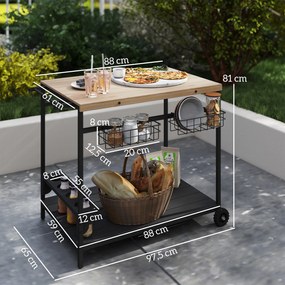 Outsunny Wózek serwisowy, wózek kuchenny, 2 poziomy, 4 uchwyty na butelki, Wewnątrz/na zewnątrz, Sosna/Czarny