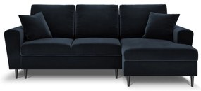 Ciemnoniebieski aksamitny rozkładany/ze schowkiem narożnik (prawostronny/z szezlongiem) Kyoto – Cosmopolitan Design