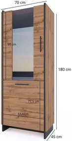 Wysoka szklana witryna do salonu i jadalni dąb wotan + czarny N6-N93