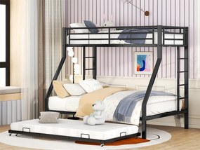 Łóżko piętrowe 4-osobowe wysuwane - 140 x 200 cm + 2 x 90 x 200 cm - metalowe - stelaż listwowy - czarne