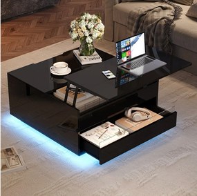 Podnoszony stolik kawowy do salonu - 70 x 70 x 38 cm - z diodami LED + 1 szuflada + drzwi składane - płyta wiórowa - czarny