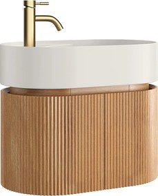 Wisząca szafka łazienkowa z prążkowanego drewna jesionowego z umywalką z białej matowej żywicy i baterią - Naturalny jasny - 60 x 51 x 37 cm - PROTEA