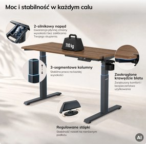 Biurko elektryczne z regulacją wysokości ergonomiczne antracytowe/orzech,1200x600 mm: ARIA