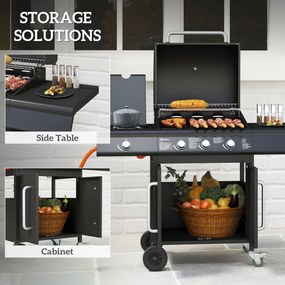 Outsunny Mobilny grill gazowy z przestrzenią do przechowywania, bocznym stołem, palnikiem bocznym, rusztem do podgrzewania, termometrem, ze stali nierdzewnej, czarny
