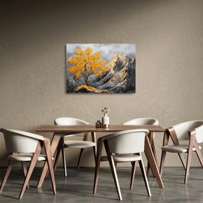 Obraz na szkle – Złote drzewo w górach (70x50 cm)