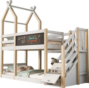 Łóżko piętrowe kabinowe 90x200cm ze schodami do przechowywania i tablicą - podstawy z listew - Białe