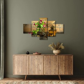 Obraz - tulipany, młynek i kawa (125x70 cm)
